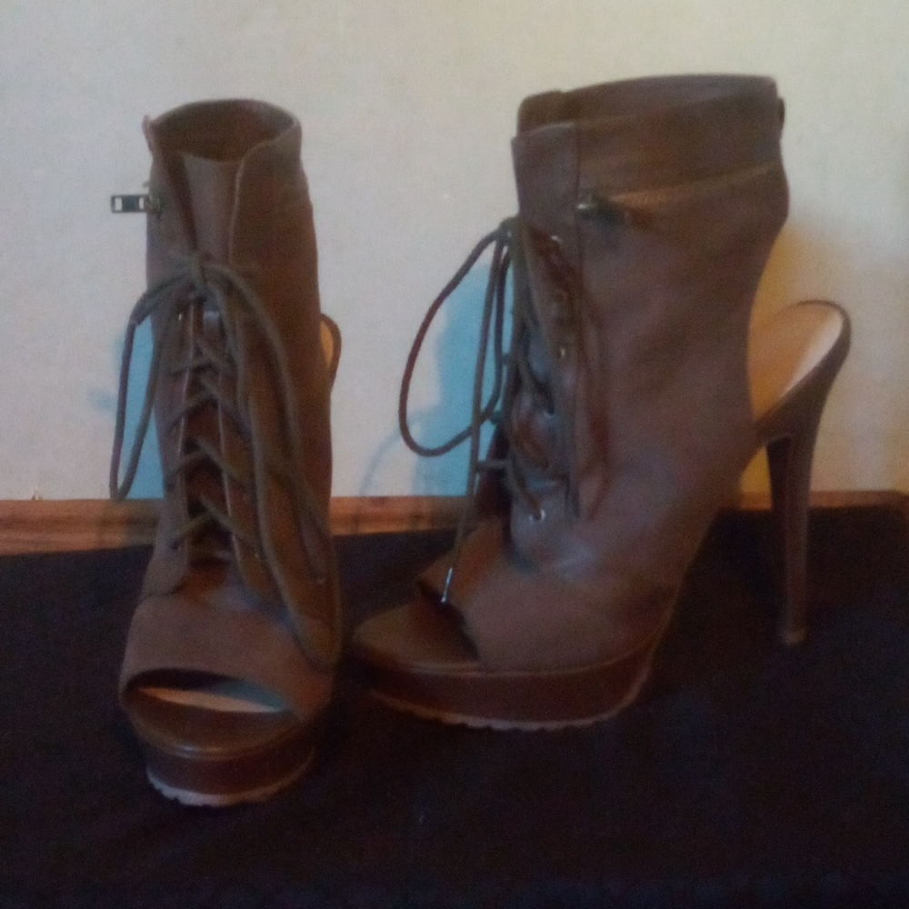 Brown Peep Leather Toe Booties Lace-Up Stiletto Heel Vintage Boots